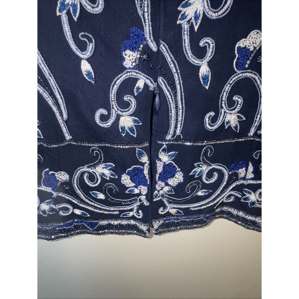 Vintage Adriana Papell Occasions Silk Beaded Blouse Women's 14 Navy Embroidered - Picture 7 of 8